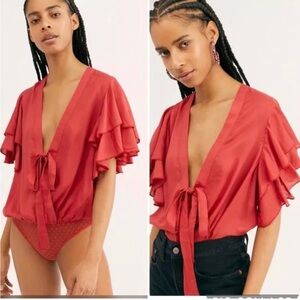 Free People Red Ruffle Sleeve Bodysuit